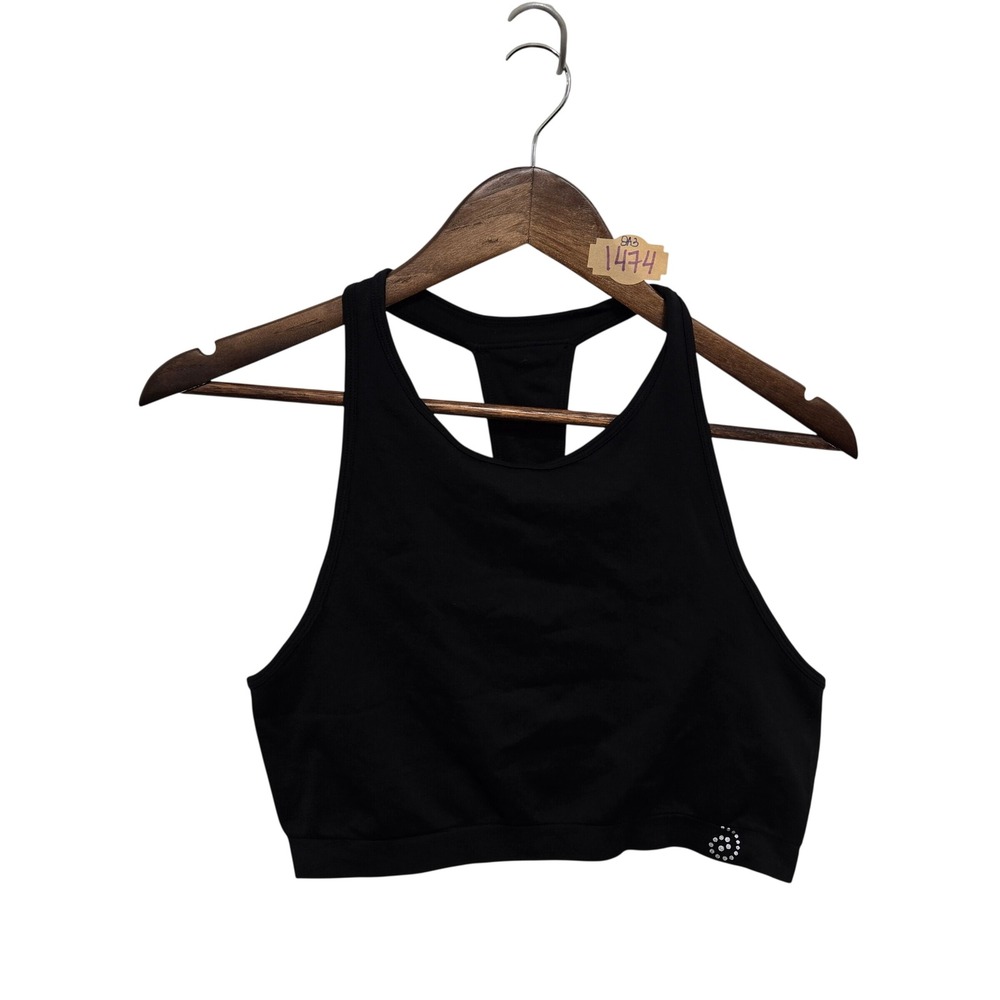 Be Inspired Womens XL Black High Neck Racerback Sports Bra Rhinestone Logo